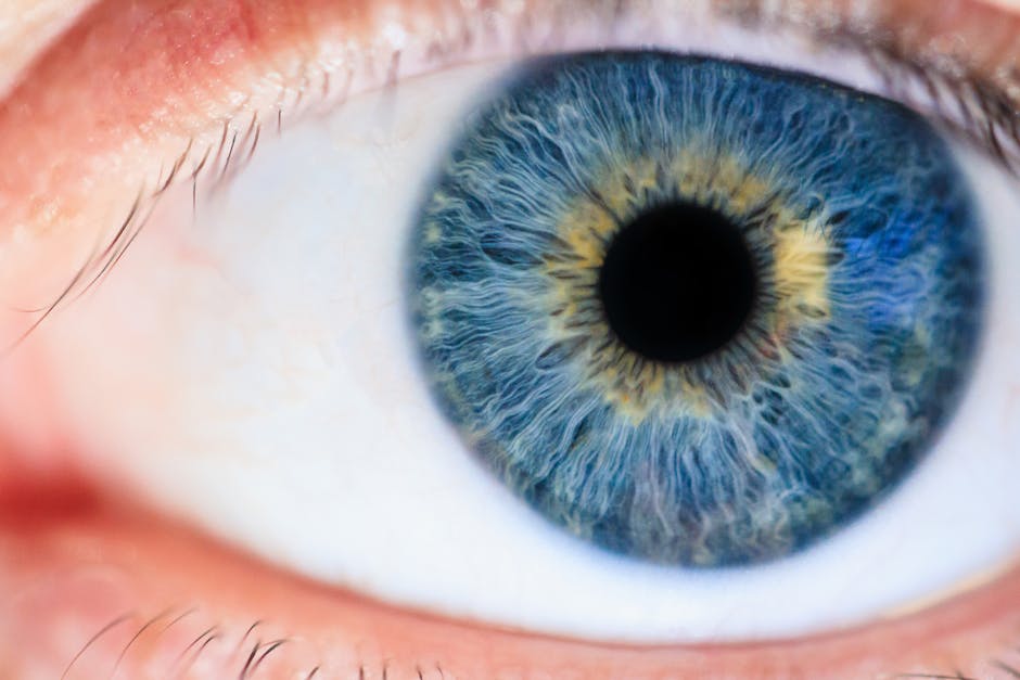 Close-up of human eyes with dilated pupils