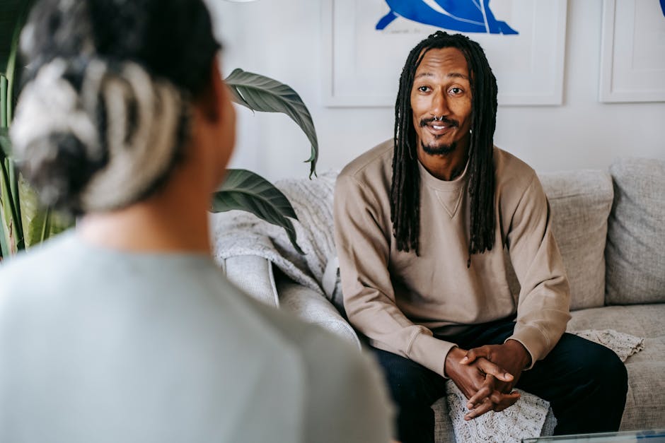 Couple talking and reconnecting at home in a calm relationship stage