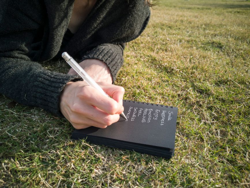 Person journaling emotions and body sensations in a notebook